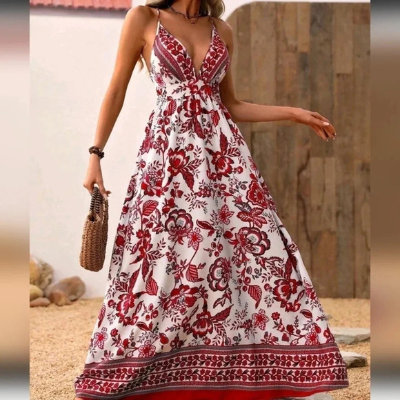 Women's Floral Printed Backless Cross Strap Summe Vacation Dress - Picture 2 of 5